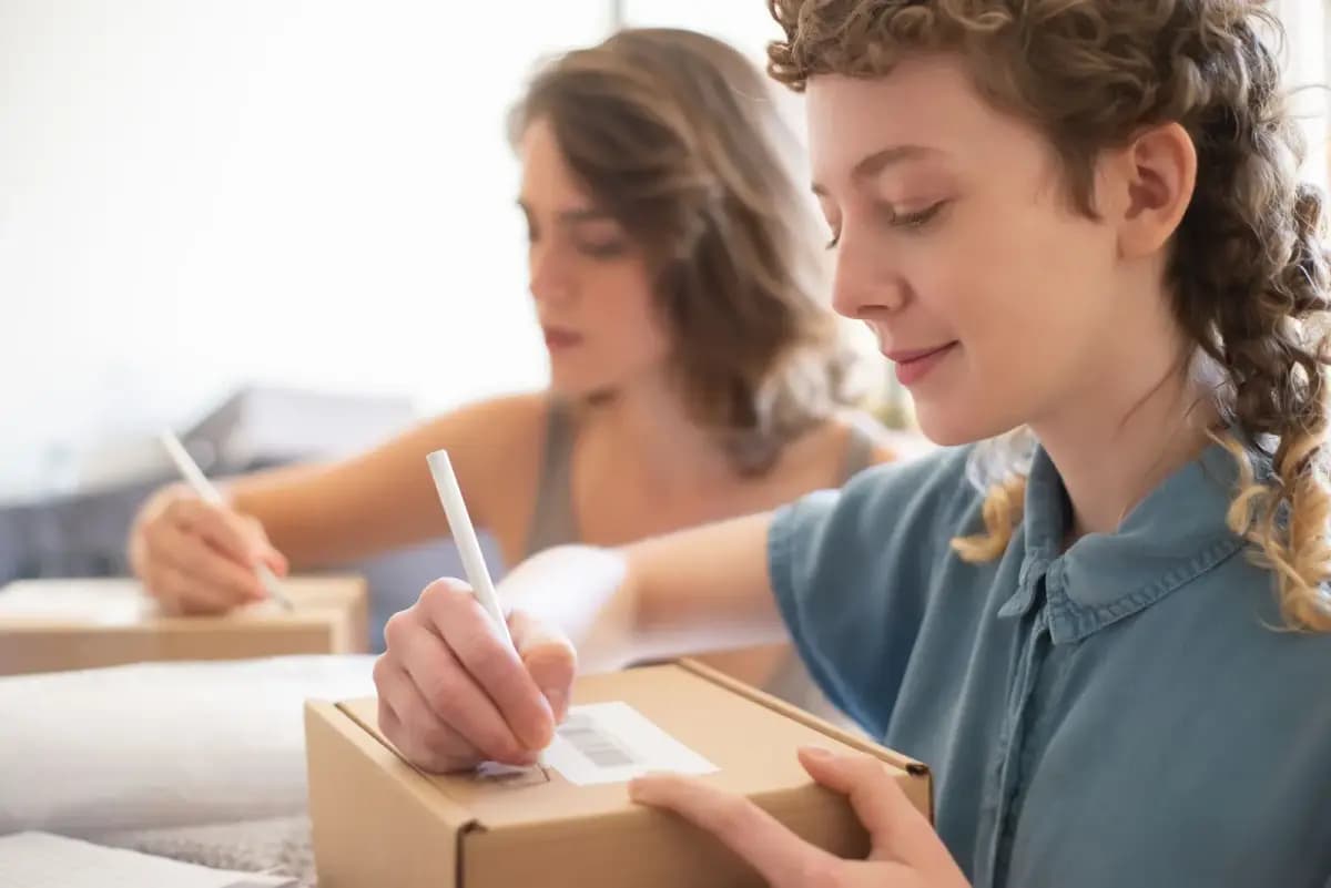 Duas vendedoras escrevendo detalhes na caixa de envio